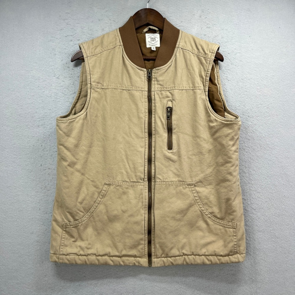 True Craft Vest Mens M Tan Cotton Canvas Padded Full Zip Workwear Utility